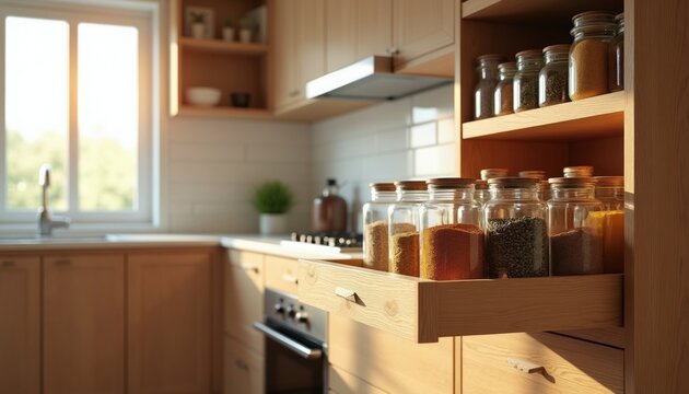 Bright modern kitchen with light wood cabinets and pantry shelves filled with glass jars of spices and grains. A window lets in sunlight illuminating a clean countertop and sink area.