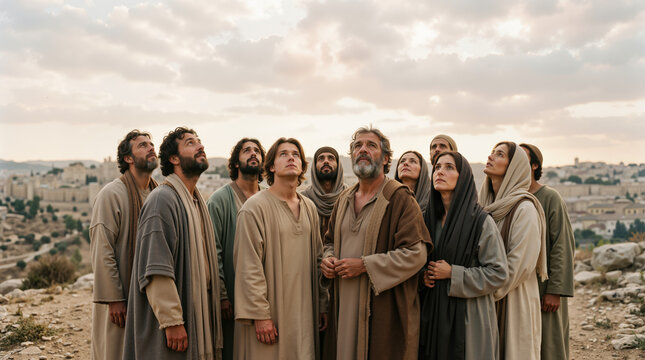 Disciples looking up at the sky after the Ascension. Biblical group of people in ancient robes standing on a hill. Religious historical scene