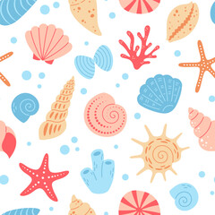 Seamless pattern with sea shells, starfish, spiral snail and corals on white background. Tropical beach, ocean or sea life theme wallpaper. Vector illustration suitable for kids and baby projects. © Julia Me