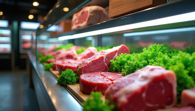 Fresh beef steaks are arranged in butcher shop display case. Raw meat with green garnishes looks appealing under cool LED lighting. Premium quality cuts ready for sale at market counter.
