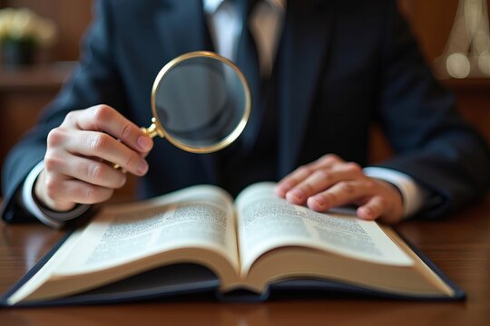 Lawyer in the Courtroom Examines Law Book with Magnifying Glass