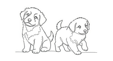 Fototapeta premium Two Adorable Puppies Playfully Interacting in a Charming and Simple One-Line Drawing Style
