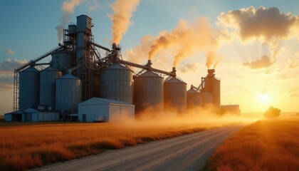 Fototapeta premium Industrial grain processing plant with large silos and conveyors. Smoke plumes rise into the warm sunset sky. Dust clouds swirl around machinery on the rural farmland.