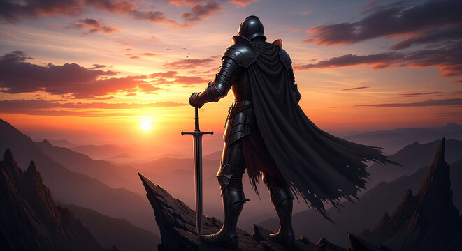 Majestic Knightly Guardian Standing Tall on Mountain Peak, Observing the Stunning Sunset Landscape