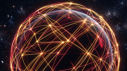 Fototapeta premium Dark earth globe covered by a dense glowing red and orange communication network grid