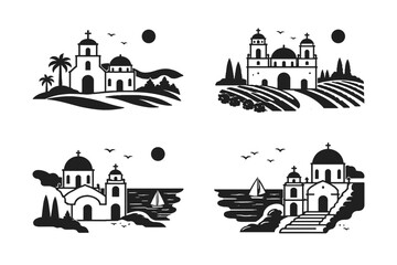 Obraz premium Set of minimalist black and white vector icons featuring Spanish missions and Greek orthodox churches in scenic landscapes with palm trees, vineyards, coastal cliffs, sailboats, and sun.