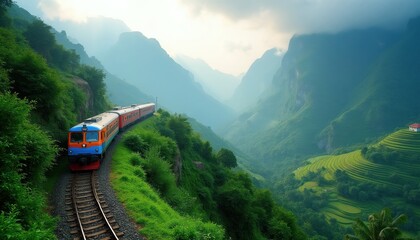 Naklejka premium Train moves through rich green mountains in Vietnam. Terraced fields and a small house dot the landscape. Misty peaks create a serene travel backdrop.