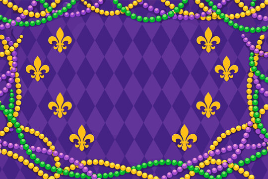 Mardi Gras Carnival Background with Purple Harlequin Diamond Pattern, Festive Colorful Beads in Green Gold and Purple, and Yellow Fleur-de-lis Symbols, New Orleans Celebration Vector Illustration