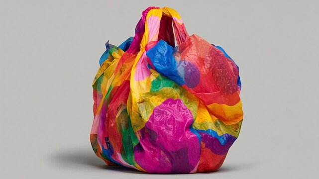Multicolored plastic bag on gray background.