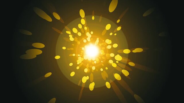 Bright golden burst of light with radial bokeh ovals background animation, abstract glowing explosion warm luminous centerpiece