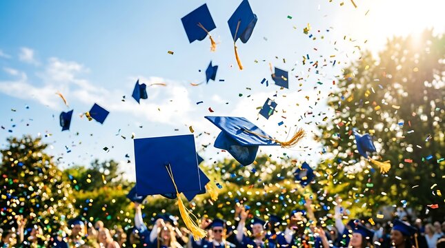 Graduates throw caps in air celebrating