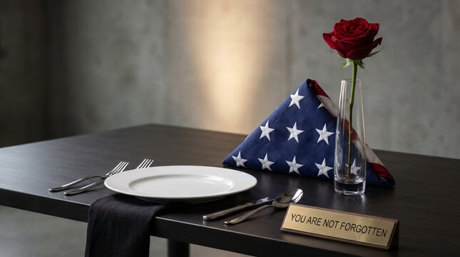 POW MIA remembrance table set with single place setting folded flag and rose centerpiece, symbolic still life close arrangement, ceremonial