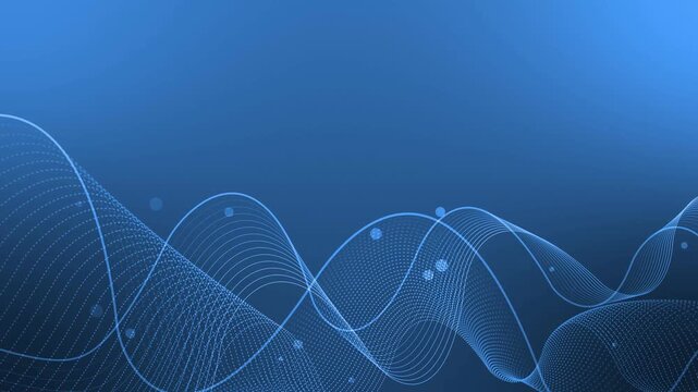 Abstract background with flowing dotted and solid wave lines animation, scattered small white circles, modern minimal tech aesthetic