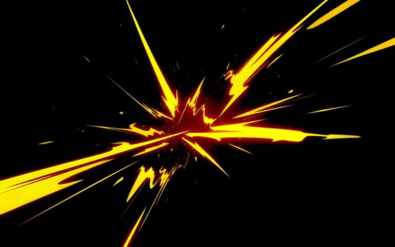 Dynamic yellow energy explosion on a black background for comic book style action and motion graphic effects