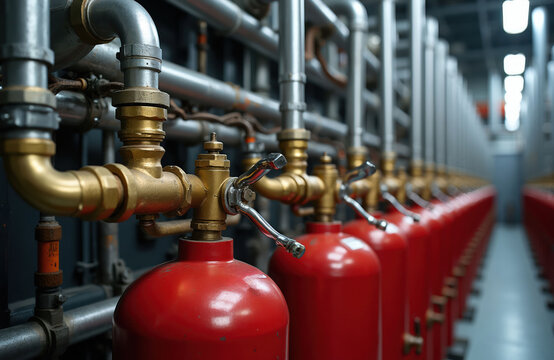 Red cylinders with brass valves and metal pipes form a fire suppression system in a server room. Industrial safety equipment protects technology, data centers, and machinery from fire risks.