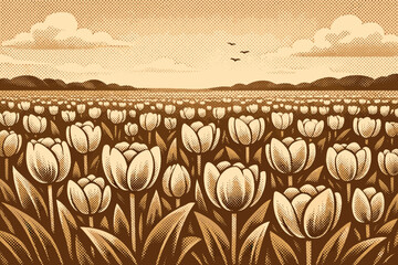 Vintage Sepia Toned Retro Halftone Style Vector Illustration of a Tulip Field Landscape with Spring Flowers, Clouds, and Birds in a Nostalgic Flat Design Background for Seasonal Decor © MDAhosun
