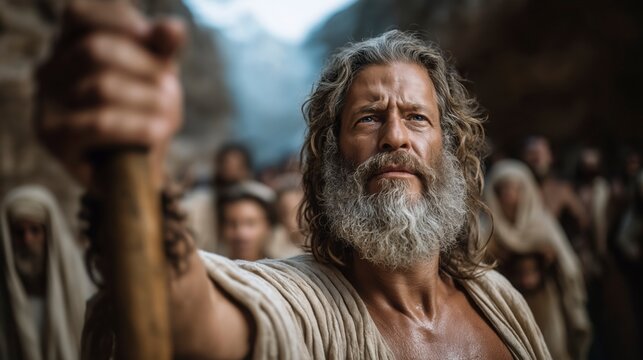 Moses raises his staff as Israel passes between towering waters, moonlight and wind revealing urgency, deliverance, and a people moving from fear to hope.
