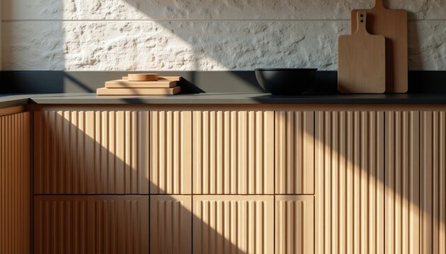 Modern kitchen cabinet fronts with vertical wood ribbing pattern. Light and shadow play across textured stone backsplash and cutting boards on counter.