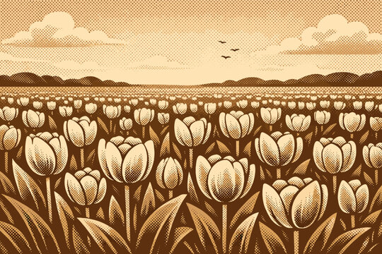 Vintage Sepia Toned Retro Halftone Style Vector Illustration of a Tulip Field Landscape with Spring Flowers, Clouds, and Birds in a Nostalgic Flat Design Background for Seasonal Decor