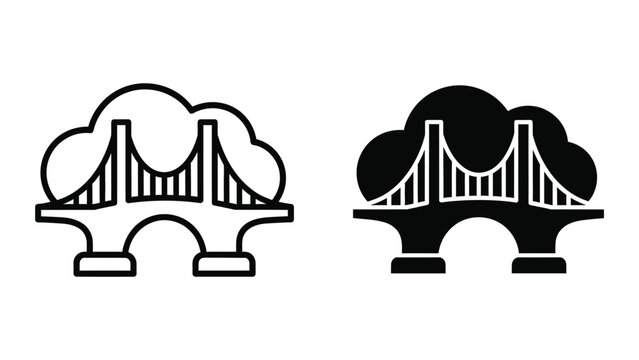 Minimalist suspension bridge icon with cloud and rain versions