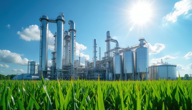 Modern plant with distillation towers makes ethanol from crops like corn. Facility produces renewable fuel, reducing carbon footprint for eco-friendly future energy.