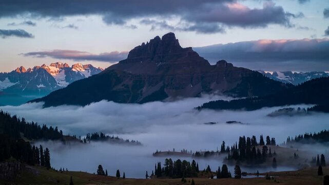 Wide-angle mountain landscape photography in blue and purple colors representing serenity and adventure [with copy space]
