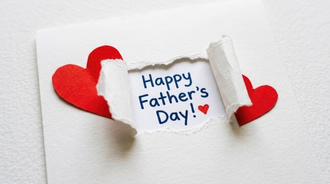 Happy father's day heartfelt greeting card with torn paper and red hearts