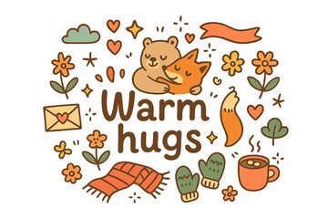 Obraz premium Cozy Doodle Hugs. Warm hugs. Hand-drawn doodle illustration of Warm hugs. Hugging animals, hearts, warm scarf,