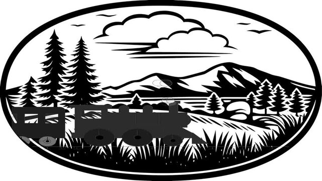 A black and white silhouette of a steam train with passenger cars travels on tracks through a mountain landscape with pine trees, clouds and birds inside an oval frame.