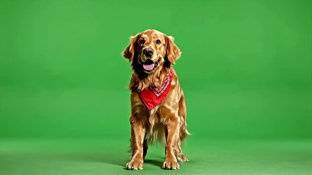Golden Retriever Standing on Hind Legs with Red Bandana on Green Screen