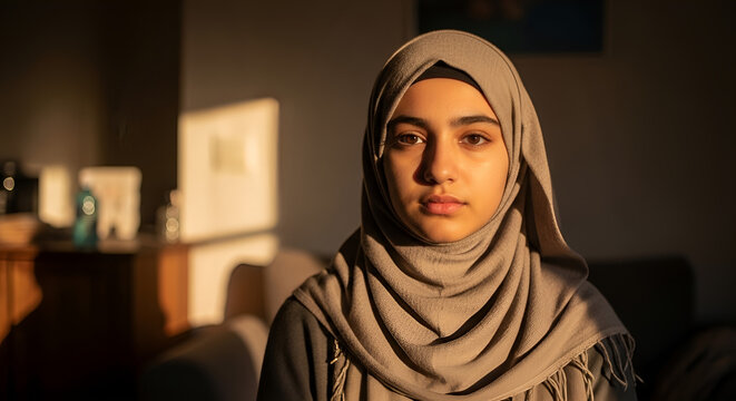 Muslim woman in hijab portrait, golden hour lighting, serene contemplative expression, Islamic faith and identity concept, modest fashion, soulful gaze, indoor sunset atmosphere.