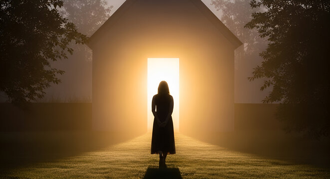 Woman silhouette walking toward a glowing doorway in mist, spiritual journey of faith, ethereal light at end of tunnel, afterlife concept, religious hope and transition.