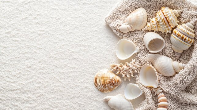 A Diverse Collection of Seashells Artfully Arranged on a Textured Beach Towel, Evoking Serene Summer Vibes