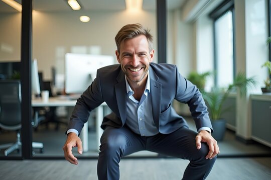 Incorporating Exercise into the Workday: A Happy Businessman Doing Squats at His Desk in the Office