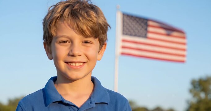 A smiling young boy in a blue shirt stands proudly in front of a waving American flag under a clear blue sky.