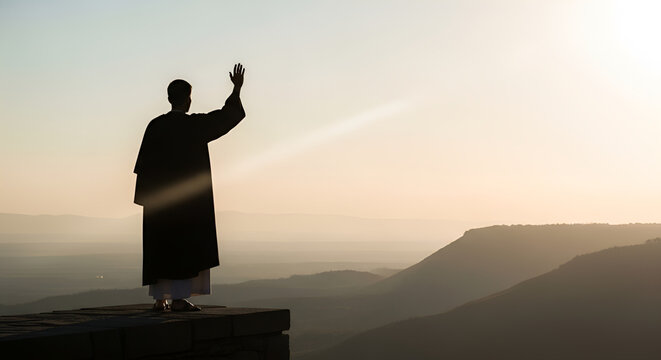 Monk in black robes raising hand in blessing on mountain peak at sunrise, spiritual man overlooking misty valley, religious leader, faith, meditation, solitude, enlightenment.