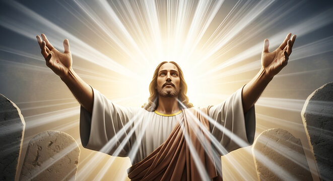 Jesus Christ resurrection with arms outstretched toward divine light, holy savior rising between stone tablets, Easter miracle of faith, spiritual light rays, Christian divinity.