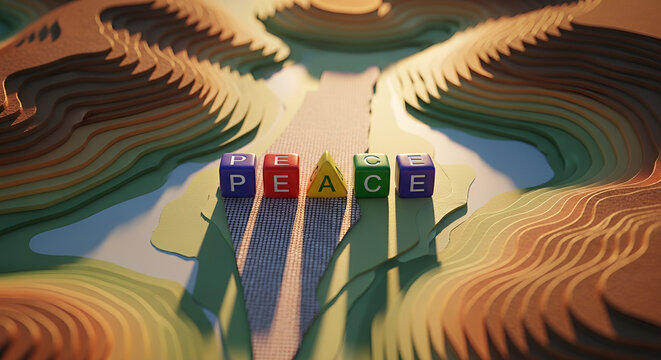 Colorful peace cubes on stylized topographic map of Israel and Palestine, symbolic Middle East harmony, conflict resolution concept, religious unity, hope for peace in the holy