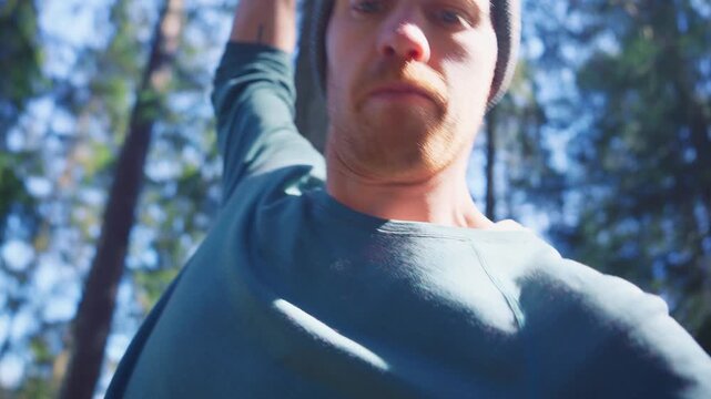 Man Balancing on Slackline in Forest | Front View Close-Up