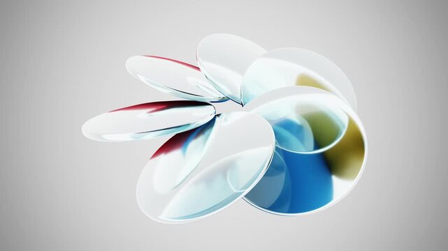 Iridescent and chromatic glass lenses moving on a clean white background. Seamless loop.