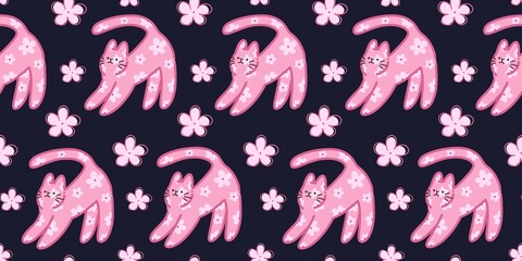 Fototapeta premium Seamless Wide Pattern Banner with Cute Pink Floral Cat and Flowers on Dark Navy Background