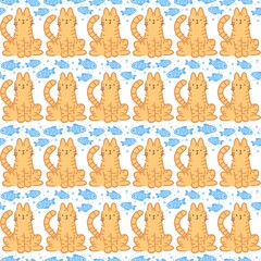 Fototapeta premium Seamless Pattern with Cute Orange Tabby Cat and Blue Fish on White Background