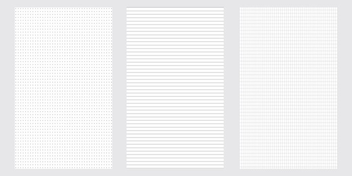 Set of blank sheets of lined, square grid and dotted paper in a5 format. Paper templates for notes, writing, sketching, and journaling. Ideal for school, office and work. Vector illustration
