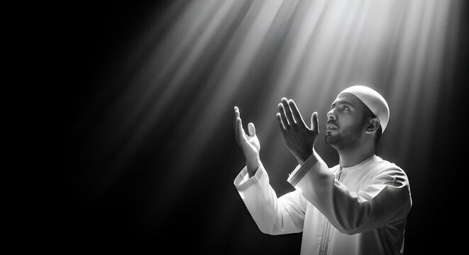 Muslim man praying with hands raised in supplication, divine light rays shining from above, spiritual devotion and Islamic faith, religious meditation, peaceful worship portrait.
