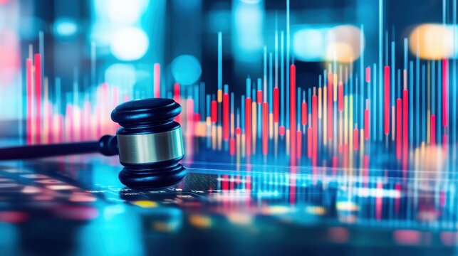 Gavel and financial market graphs representing legal and economic compliance and justice