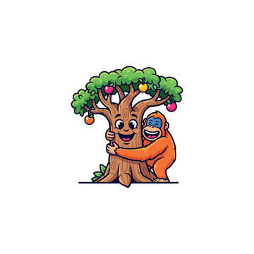 A cartoon monkey hugs a tree with colorful fruits and green leaves on a white background.