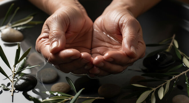 Cupped hands holding water with olive branches and stones, symbolic of baptism, peace ritual, spiritual cleansing, and faith-based meditation in a serene religious atmosphere.