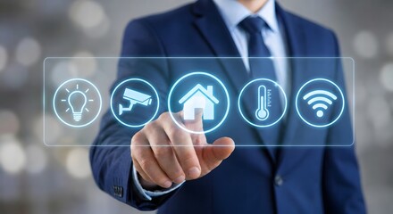 Fototapeta premium Businessman controlling smart home automation interface with security lighting climate and wifi icons