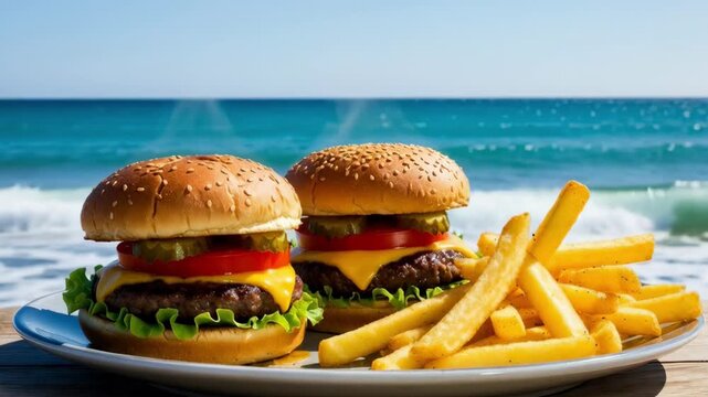 Static shot of two cheeseburgers and french fries on plate at ocean shore with rolling waves and clear sky