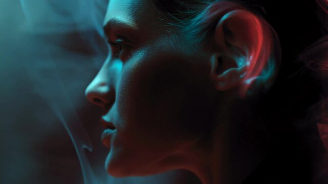 Closeup profile man listening to sound, ear lit by swirling neon light trails, subtle skin texture, ambient studio background, contemplative expression,